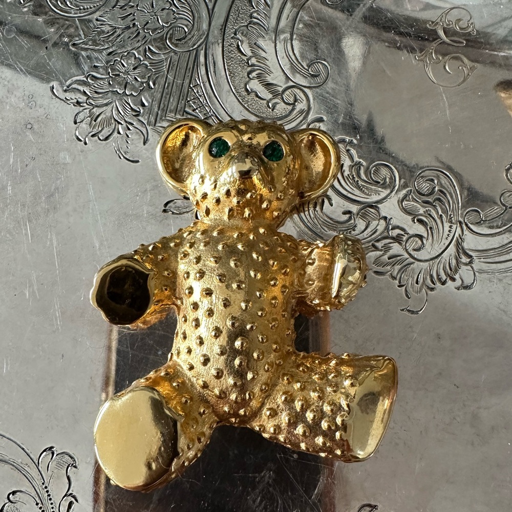 Large Gold Teddy Bear Brooch with Green Eyes